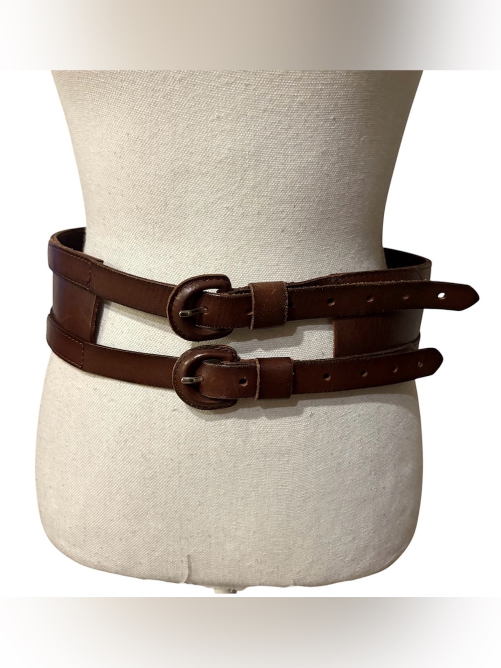 Vtg Max Studio Wide Double Buckle Corset Belt Brown Leather One Size